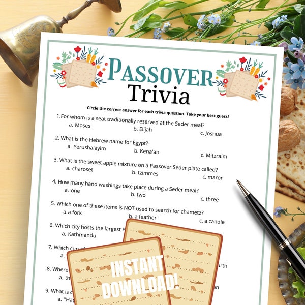 Passover Trivia Game, Printable Passover Trivia Questions & Answers, Fun Passover Seder Activity for Families, Pesach Games, Purim Games