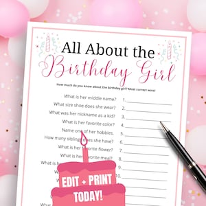 All About the Birthday Girl Game, Editable Birthday Party Game for Her, Birthday Trivia Game for Her, Fun Birthday Quiz Game, All About Her