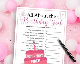 All About the Birthday Girl Game, Editable Birthday Party Game for Her, Birthday Trivia Game for Her, Fun Birthday Quiz Game, All About Her