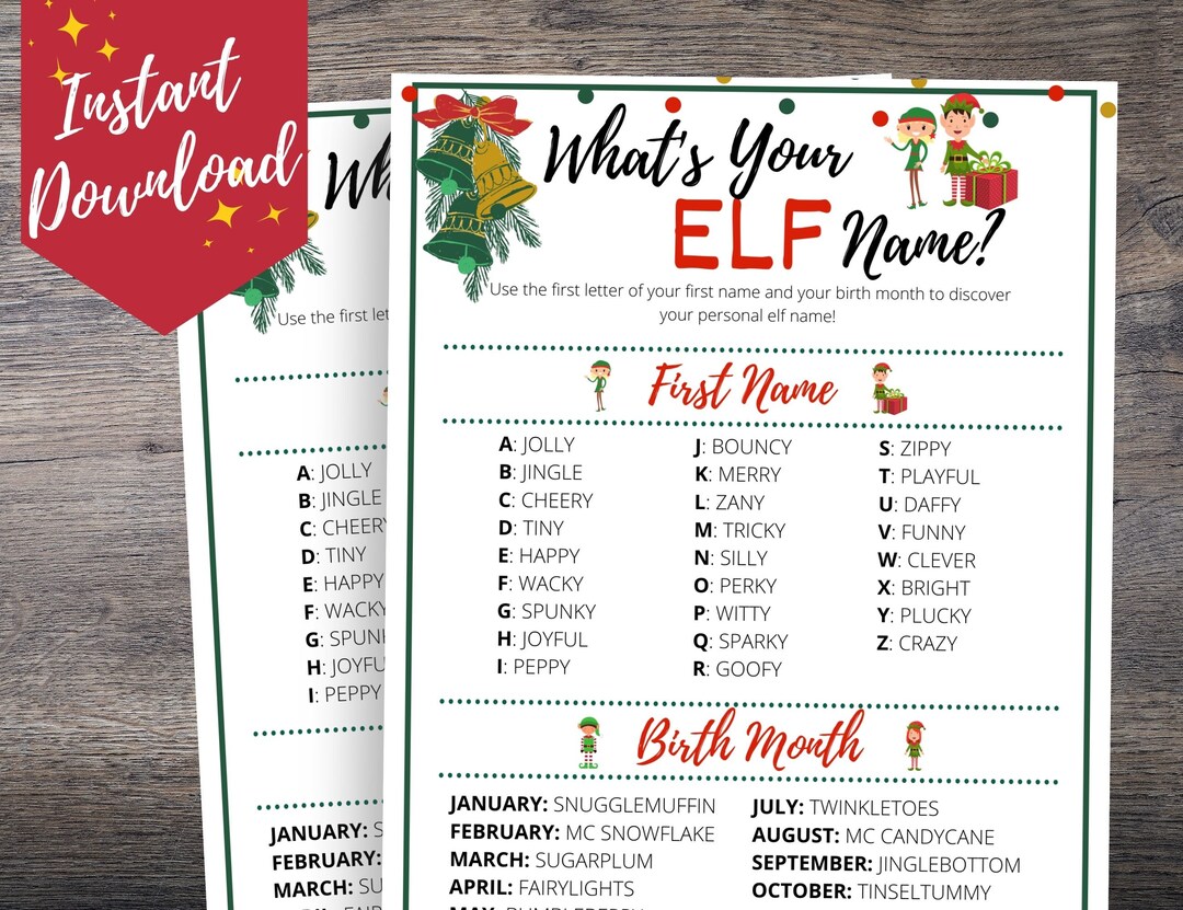 What's Your Elf Name Chart for Adults Teens & Kids