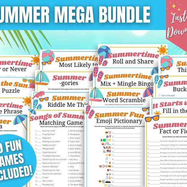 Summer 20-Game MEGA BUNDLE, Fun Summer Activities for Kids, Teens, & Adults, Summer Printable Games, Pool Party Games, Family Activities