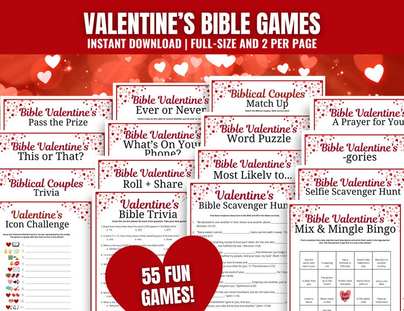 Valentines Bible Games BUNDLE, Christian Valentines Games, Sunday School Games, Youth Group Games, Church Valentines Games Bundle, Small Group Valentine Games, Womens Ministry Games, Religious Valentine Games, Valentine Bible Scavenger Hunt, Match the Valentine Bible Verse