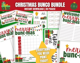 Könnte beinhalten: Ein Weihnachts-Bunco-Bundle mit verschiedenen druckbaren Spielbögen. Das Design zeigt festliche Elemente wie Geschenkboxen, Lichterketten und den Text "Merry Bunc-mas". Enthält Spielpunktkarten, Gewinnerkarten und Anmeldebögen. Das Bundle ist ein Sofort-Download mit 30 Seiten.