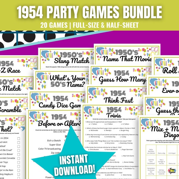 1954 Party Games MEGA BUNDLE, Fun 1954 Trivia Games for 70th Birthday Party, 70th Wedding Anniversary, 1974 Games Bundle, 1950s Game Bundle