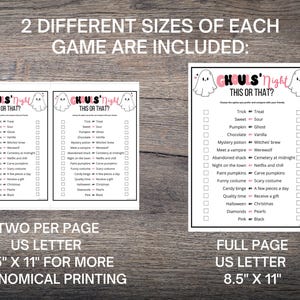 May include: Two printable Halloween game cards featuring a "Ghouls' Night This or That?" theme. Each card has a list of 14 spooky choices with checkboxes for players to mark their preferences. The cards are designed with a black and white color scheme and feature a cute ghost illustration. The cards are available in two sizes: 8.5 x 11 inches and full page.