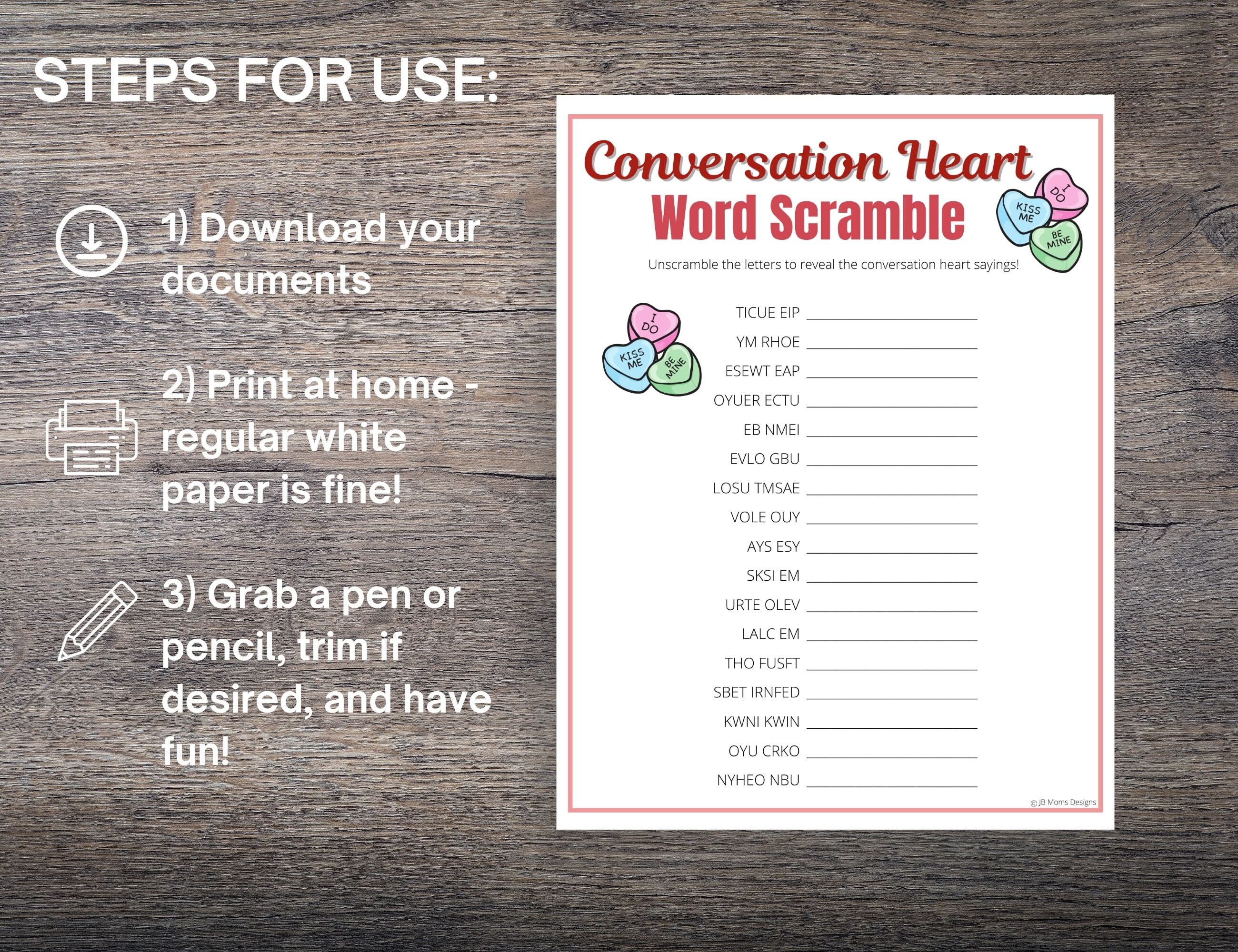 Conversation Heart Word Scramble Game Fun Valentine's Day Etsy