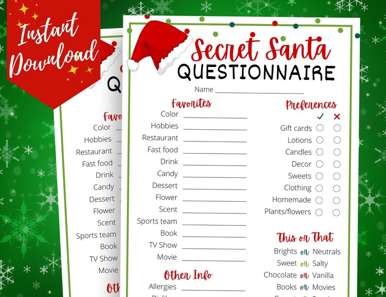 Secret Santa Questionnaire Printable Secret Santa Form - Etsy