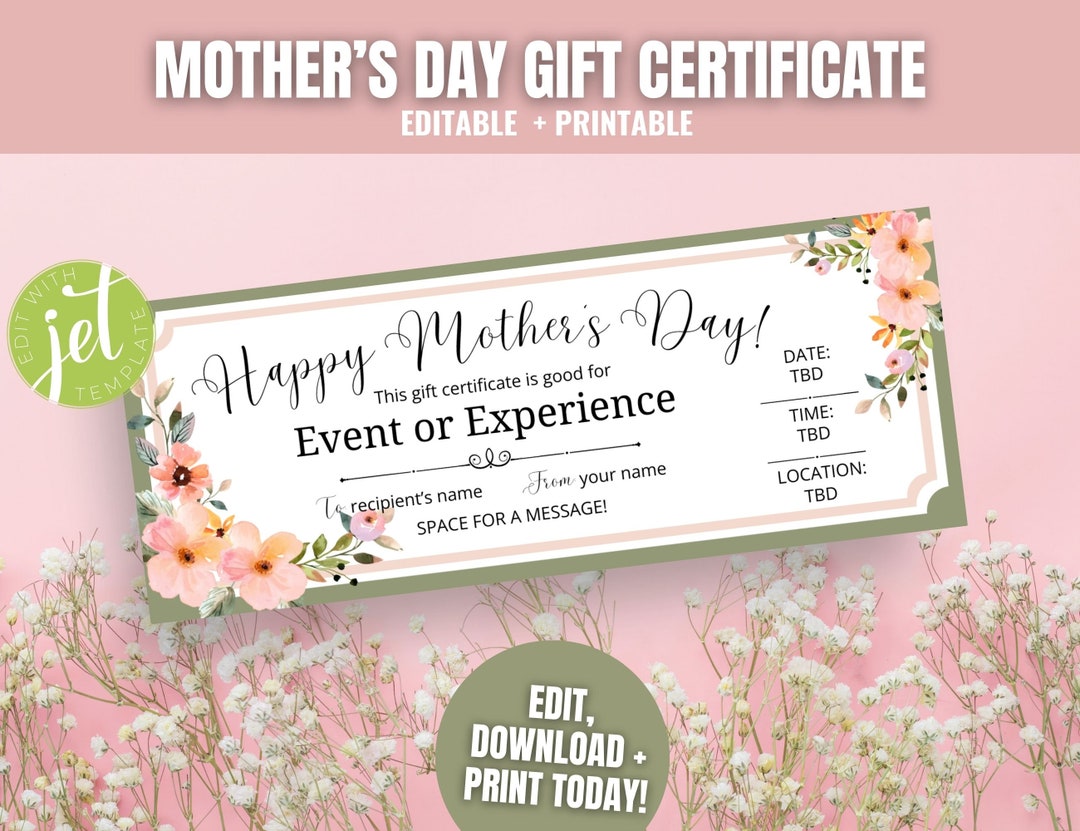 Mother's Day EDITABLE Printable Gift Certificate, Perfect Mother's Day Gift for Mom, Grandma ...