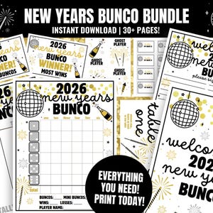 Puede incluir: Un paquete de Bunco de Año Nuevo con varias páginas, con una bola de discoteca, una botella de champán y gráficos de fuegos artificiales. El texto incluye "2026 New Years Bunco" y "Everything You Need! Print Today!"
