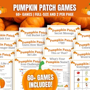 May include: An orange and white graphic with the text "Pumpkin Patch Games" and "60+ Games | Full-Size and 2 Per Page." Various game titles are displayed, including "Think Fast," "Trivia," and "Word Search."