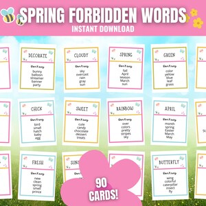 Op de afbeelding: Een kleurrijke digitale download met 90 Spring Forbidden Words-kaarten. Elke kaart heeft een woord en een lijst met gerelateerde woorden om te vermijden. De kaarten zijn gerangschikt op een groene achtergrond met bloemen- en insectenillustraties.