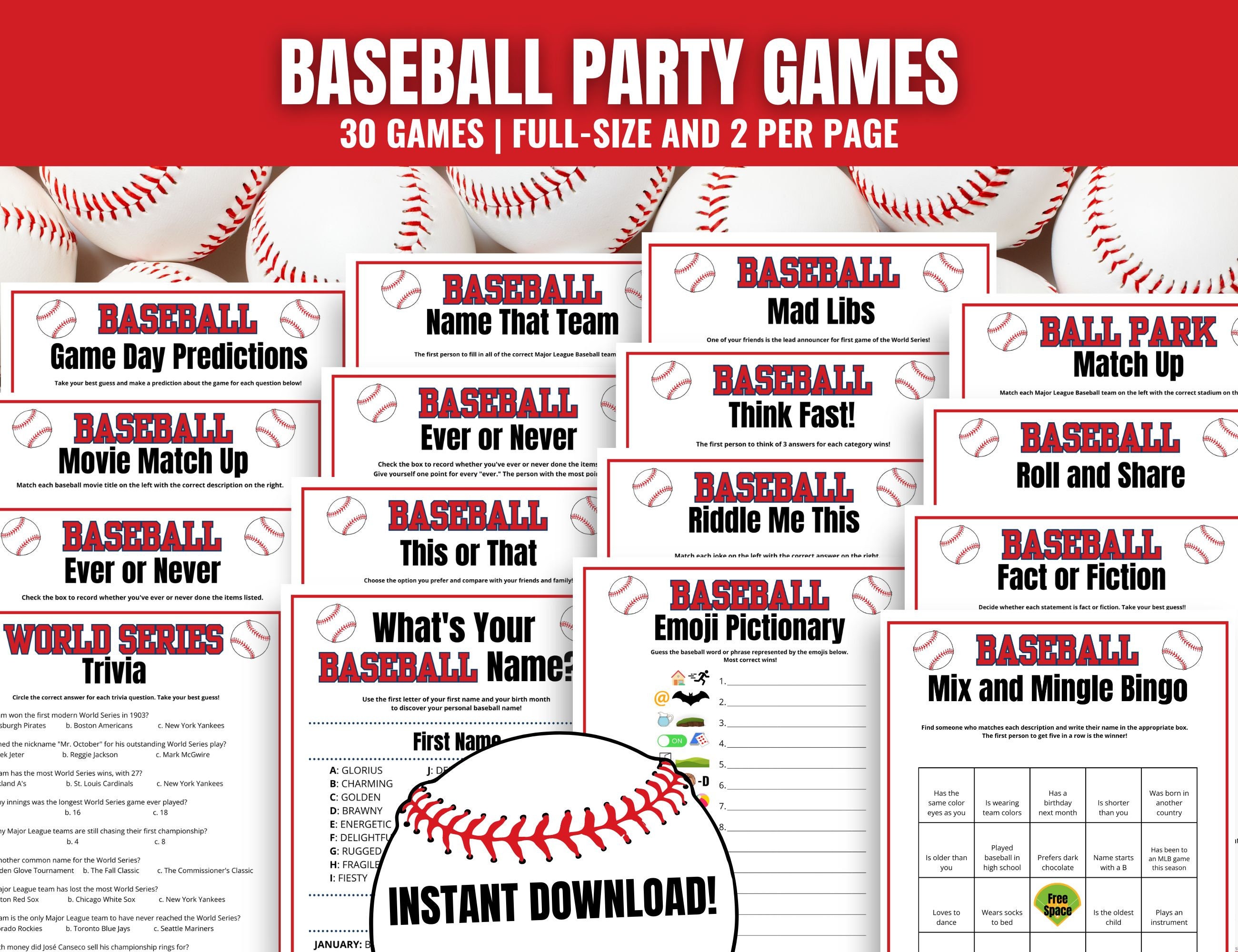 Baseball Party Games BUNDLE, 30 Printable Baseball Games, Baseball End of Season Party, Baseball Trivia Games, World Series Games