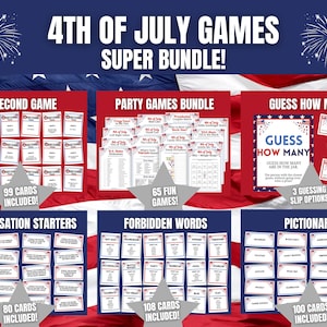 May include: A 4th of July games super bundle featuring printable cards and sheets with red, white, and blue patriotic designs. Includes 5-second game, party games, guess how many, conversation starters, forbidden words, and pictionary sets.