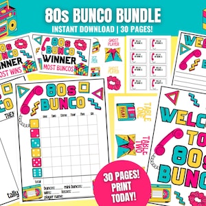 80s Bunco MEGA Bundle, Bunco anni '80 stampabile, carte Bunco a tema anni '80, cartellini segnapunti Bunco, fogli di conteggio, numeri di tavolo, serata Bunco anni '80