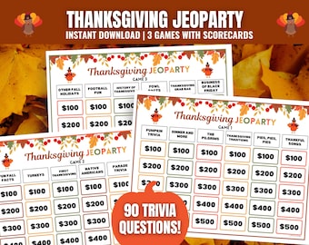 May include: Three Thanksgiving Jeopardy game boards with a fall theme. Each board has 5 categories and 5 dollar amounts. The categories include: Other Fall Holidays, Football Fun, History of Thanksgiving, Fowl Facts, Thanksgiving Grab Bag, Business of Black Friday, Pumpkin Trivia, Dinner and More, The Pilgrims, Thanksgiving Traditions, Pies, Pies, Pies, Thankful Songs, Fun Fall Facts, Turkeys, First Thanksgiving, Native Americans, Parade Trivia. The boards are printed on white paper with a brown and orange border.