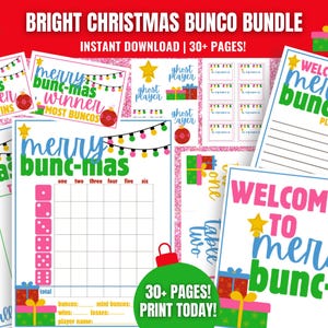 Kerstbunco MEGA-bundel, Merry and Bright Christmas-bunco, kerstbunco-kaarten, Bunco-scorecards, aantekenvellen, heldere kerstbunco