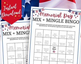 Memorial Day Mix & Mingle Human Bingo Game, Find the Guest Bingo, Memorial Day Picnic Game, Memorial Day BBQ Activity, Fun Memorial Day Idea