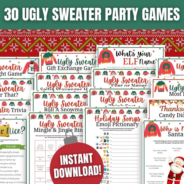 Ugly Sweater Party 30-GAME MEGA BUNDLE, Hässliche Pullover-Spiele für Jugendliche und Erwachsene, Hässliche Weihnachts-Pullover-Party, Feiertags-Büro-Party-Spiele