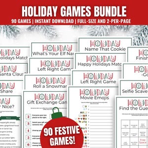 Holiday Games MEGA BUNDLE features 90 Printable Hoilday Party Games for adults, kids, families, teens, seniors, and more. This Holiday Games Bundle features playful text in red and green with the word "Holiday" at the top of each page. These fun Holiday Party Ideas include Emoji Pictionary, Find the Guest Bingo, Gift Exchange Game, Holiday Movie Trivia, Christmas trivia games, Who is Most Like Santa, Naughty or Nice, Name that Tune, and many more holiday games!