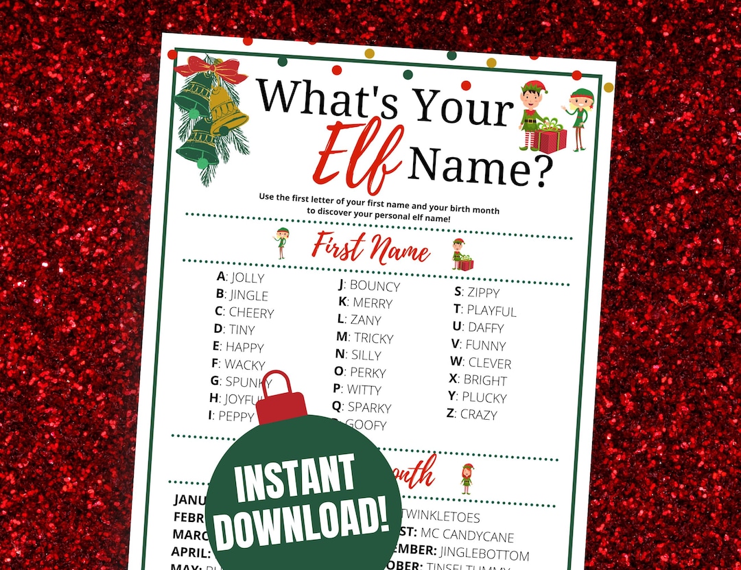 What's Your Elf Name Chart for Adults, Teens, & Kids, What's Your Elf Name Generator Chart