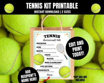 Editable Tennis Survival Kit Printable, Team Gift Bags (Digital Download)