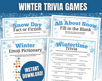 Op de afbeelding: Een set met printbare wintertrivia-spellen met een blauwe en witte sneeuwvlokkenachtergrond. De spellen omvatten "Snow Day Fact or Fiction", "Winter Emoji Pictionary", "All About Snow Fill in the Blank" en "Wintertime Trivia".
