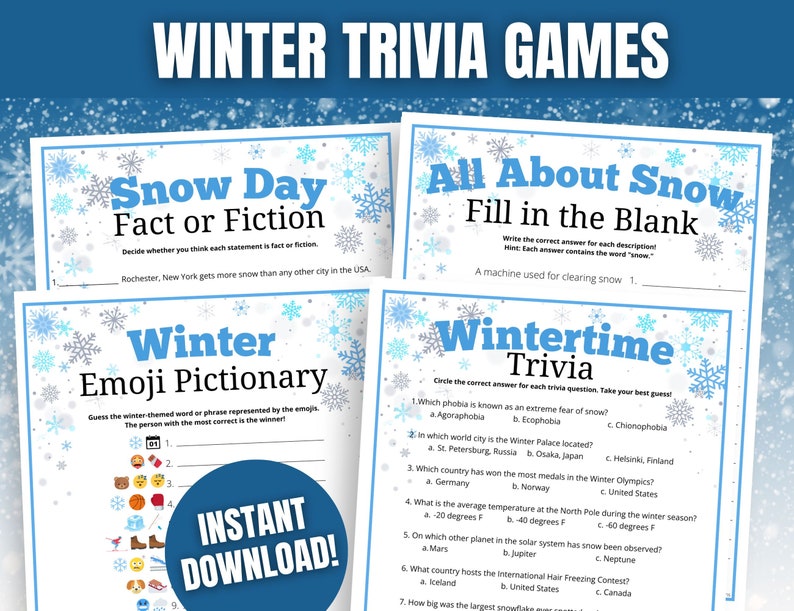 Winter Trivia Game BUNDLE, Winter True or False, Winter Party Games for Teens & Adults, Fun Winter Games, Holiday Games Printable Bundle, Winter Fact or Fiction, Emoji Pictionary, Winter Office Games, Winter Breakroom Games, January Trivia