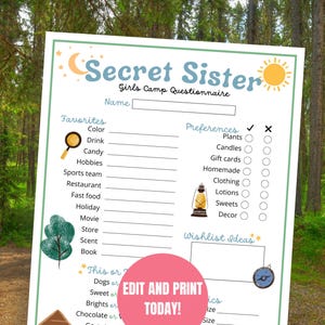 Secret Sister Questionnaire, LDS Girls Camp Secret Sister Form, Girls Camp Secret Sister List, LDS Young Women&#39;s Camp, Girls Camp 2025
