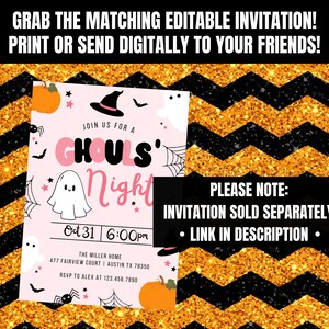 May include: Pink and black Halloween party invitation with a ghost, bats, and a spider. The invitation says "Join us for a Ghouls' Night" and includes the date and time of the party. The text "PLEASE NOTE: INVITATION SOLD SEPARATELY &bull; LINK IN DESCRIPTION &bull;" is also included.