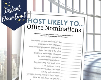 Office Party Most Likely to Nominations Game, Coworker Superlative Ideas, Fun Work Game, Staff Happy Hour Activity, Funny Office Games