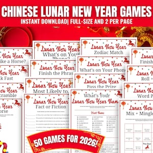 以下が含まれることがあります： 中国の旧正月ゲームの印刷可能なコレクション。「Most Like a Horse?」、「Think Fast」、「Word Scramble」、「Roll a Horse」などのゲームが含まれています。「50 GAMES FOR 2026!」というテキストが赤いバナーに表示されています。
