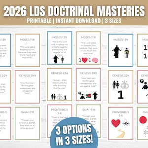 May include: A collection of printable cards with text from the 2026 LDS Doctrinal Masteries. Each card features a scripture reference, a quote, and simple illustrations. The cards are available in three sizes and are designed for instant download.