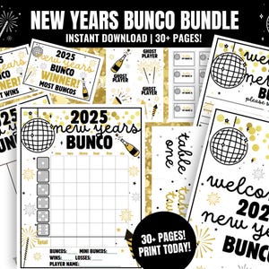 MEGA-bundel oudejaarsbunco, afdrukbare oudejaarsavondbundel, Bunco-kaarten 2025, Bunco-scorecards, aantekenvellen, tafelnummers, inlogblad
