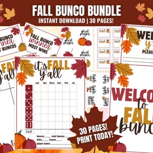 Paquete MEGA Bunco de otoño, Bunco de otoño imprimible, tarjetas Bunco de otoño, tarjetas de puntuación Bunco, hojas de recuento, números de mesa, Bunco con temática de otoño