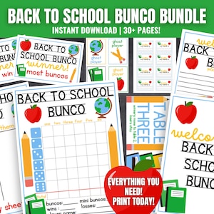 May include: A Back to School Bunco bundle of printable game sheets featuring red apples, yellow pencils, and globes. The pages include scorecards, table signs, and name tags with text such as Back to School Bunco, Winner, and Everything You Need Print Today.