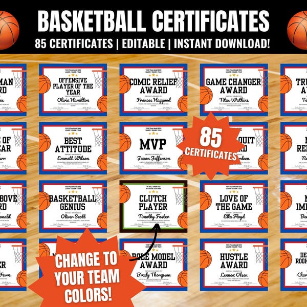 Editable Basketball Award Certificates: 85 Team Awards (Printable)