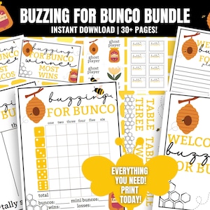 May include: A collection of printable Bunco game materials. The design features a yellow and black color scheme with bee and honeycomb illustrations. Text includes "Buzzing for Bunco Bundle" and "Instant Download | 30+ Pages!"