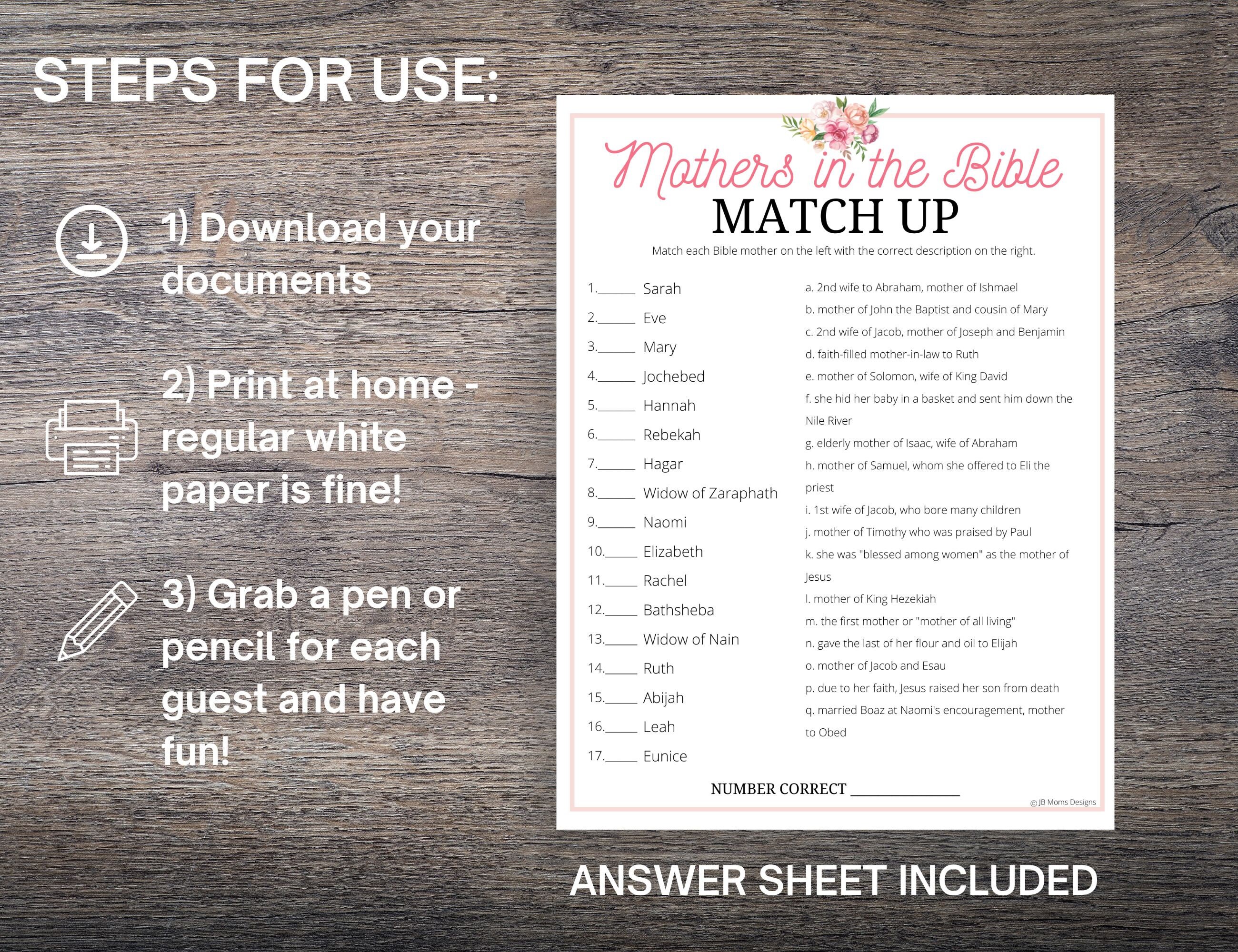Mothers in the Bible Mother's Day Matching Game Mothers - Etsy
