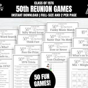 May include: A collection of printable games for a 50th class reunion, including trivia, bingo, and word searches. The design features a black and white color scheme with the text "Class of 1976" and "50th Reunion Games".