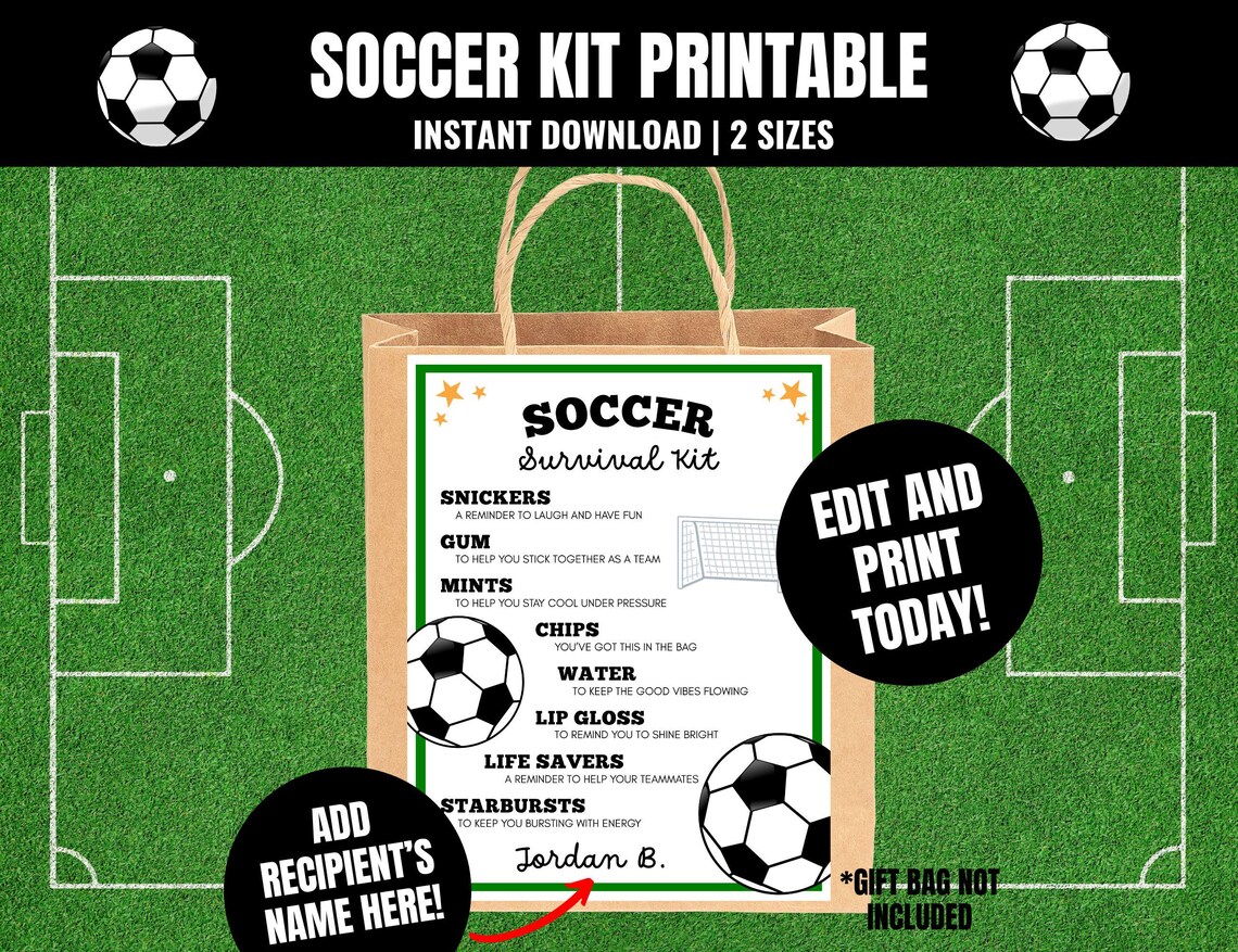 Editable Soccer Survival Kit Printable, Team Gift Bag Tag (digital ...