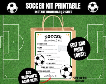 Editable Soccer Survival Kit Printable, Team Gift Bag Tag (Digital Download)