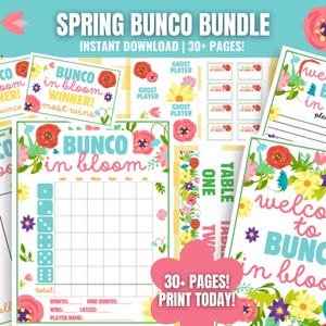 Paquete MEGA de Bunco de primavera, Bunco floral imprimible, tarjetas Bunco in Bloom, tema de primavera, tarjetas de puntuación Bunco, hojas de recuento, números de mesa