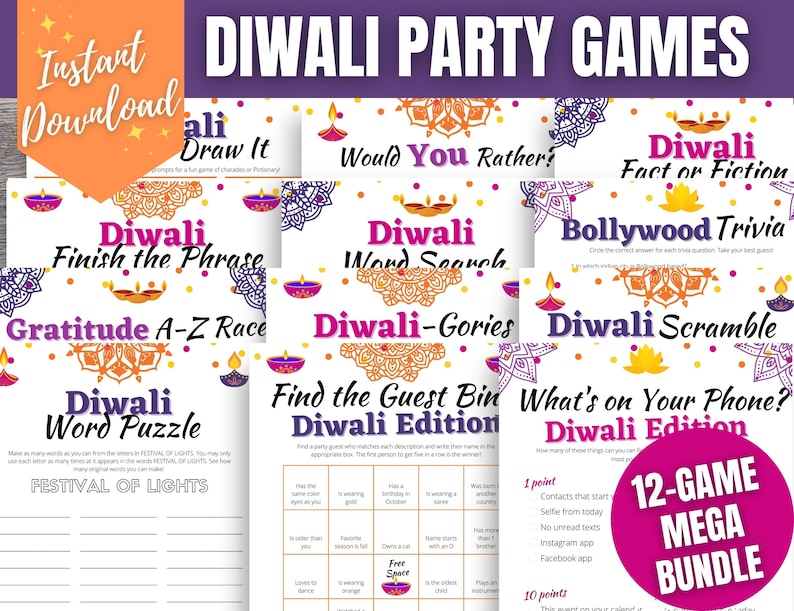 Diwali Party Games BUNDLE, 12 Diwali Games for Adults, Teens, Kids, Fun Diwali Printable Games, Festival of Lights Games, Dipawali Games image 1