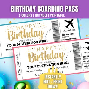 Modelo de cartão de embarque de aniversário, surpresa de viagem de aniversário, bilhete de viagem de aniversário, passagens aéreas imprimíveis, presente de bilhete de avião de aniversário
