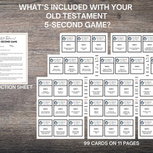 May include: An Old Testament 5-Second Game set, including an instruction sheet and 99 cards on 11 pages. The cards have a white background with blue text and a blue logo. The text on the cards includes various biblical topics.