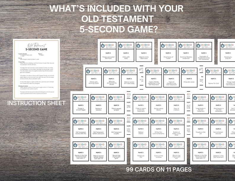 May include: An Old Testament 5-Second Game set, including an instruction sheet and 99 cards on 11 pages. The cards have a white background with blue text and a blue logo. The text on the cards includes various biblical topics.