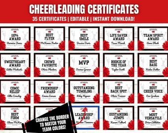 Puede incluir: Treinta y cinco certificados de porristas imprimibles con bordes negros y pompones rojos y blancos. Los certificados son editables y presentan varios premios como "Mejor volador", "MVP", "Saltos sobresalientes" y "Premio al espíritu de equipo".