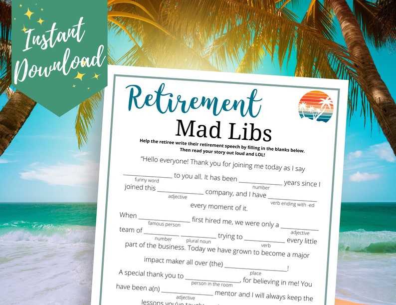 Discours de retraite Mad Libs Game, Jeux de retraite amusants, Fête de retraite surprise, Jeux de bureau, Idées de fête de retraite, Bonne retraite image 1