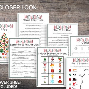 May include: A collection of printable holiday games, including "I Spy," "Name That Tune," and "Letter to Santa Ad Libs." The games feature festive graphics and are designed for holiday fun. The text "Answer Sheet Included!" is visible.