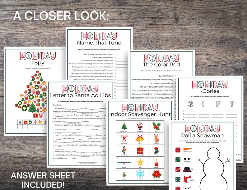 May include: A collection of printable holiday games, including "I Spy," "Name That Tune," and "Letter to Santa Ad Libs." The games feature festive graphics and are designed for holiday fun. The text "Answer Sheet Included!" is visible.